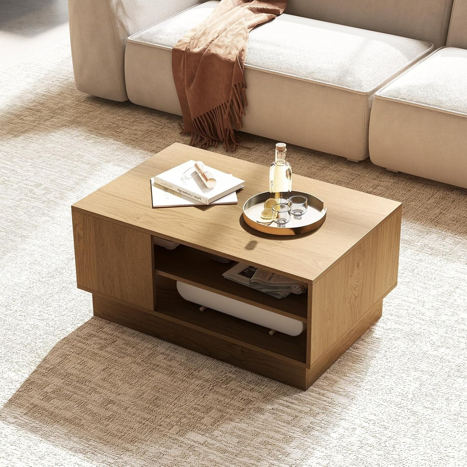 Modern Wooden Coffee Table with 2-Tier Storage & Recessed Base 86x56x41cm