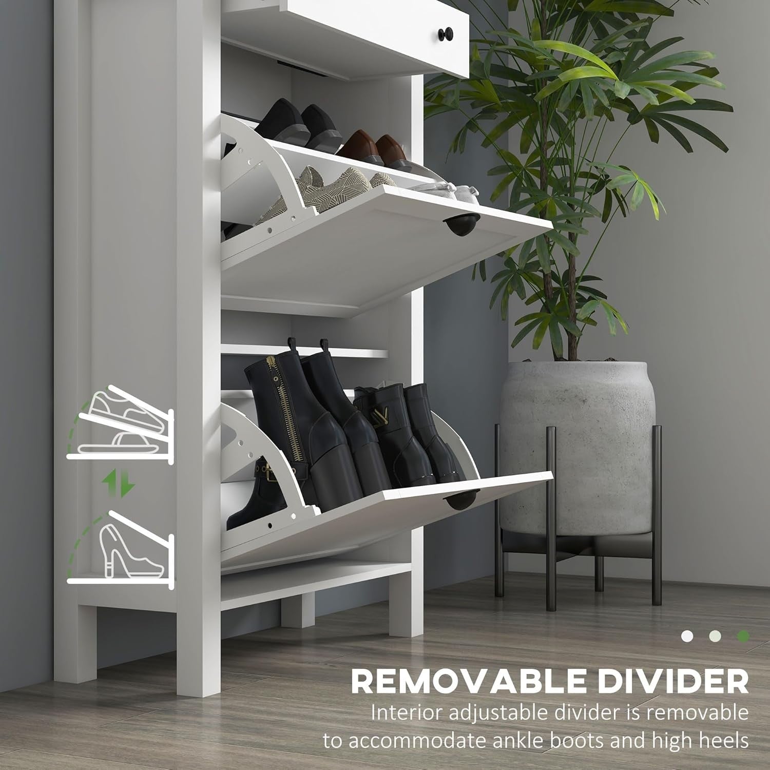 Slim White Shoe Cabinet with 2 Flip Drawers & Top Storage Drawer 60x24x97cm