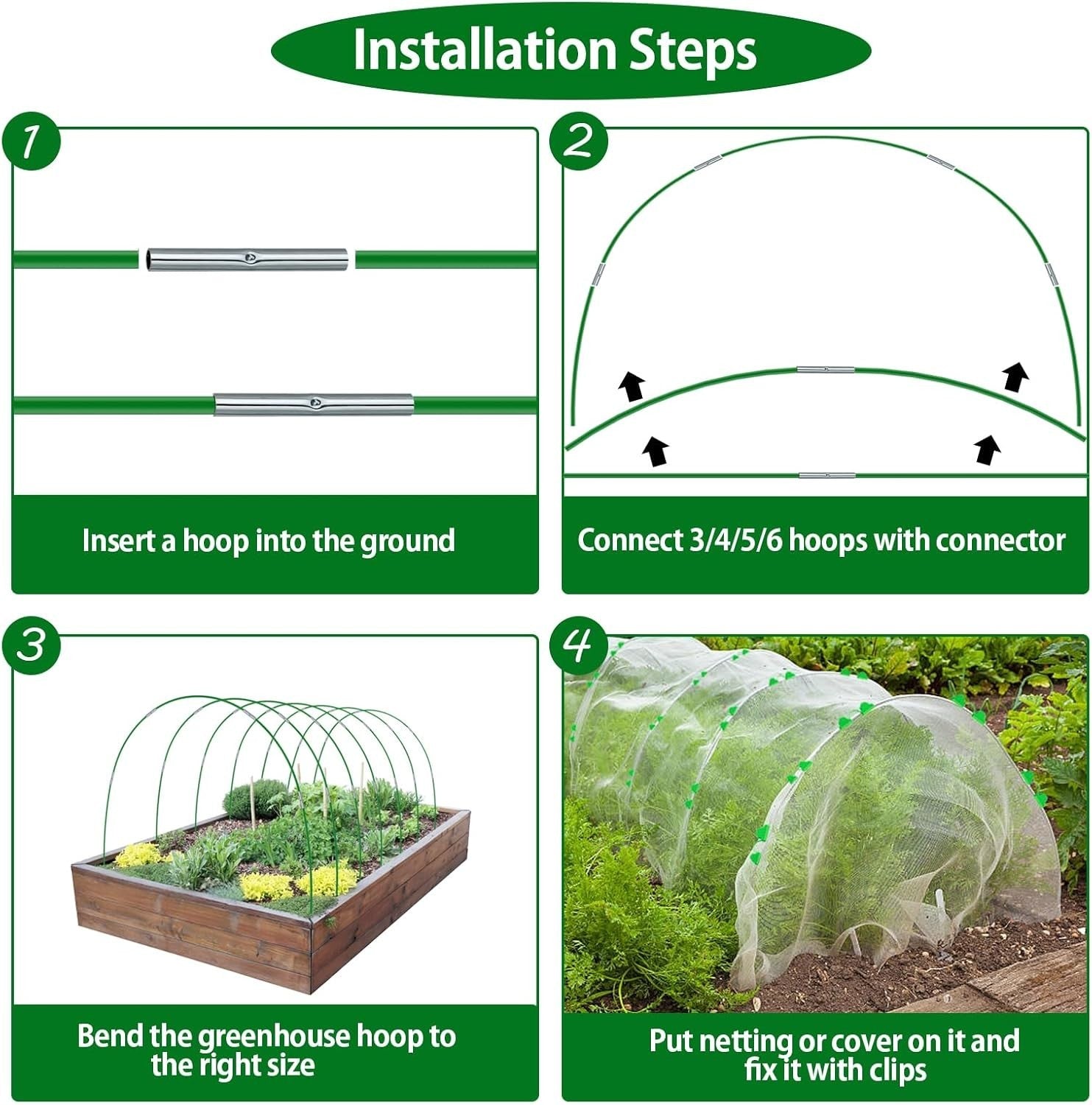 60pcs Garden Hoops for Raised Beds Fiberglass Plant Stakes Grow Tunnel Set