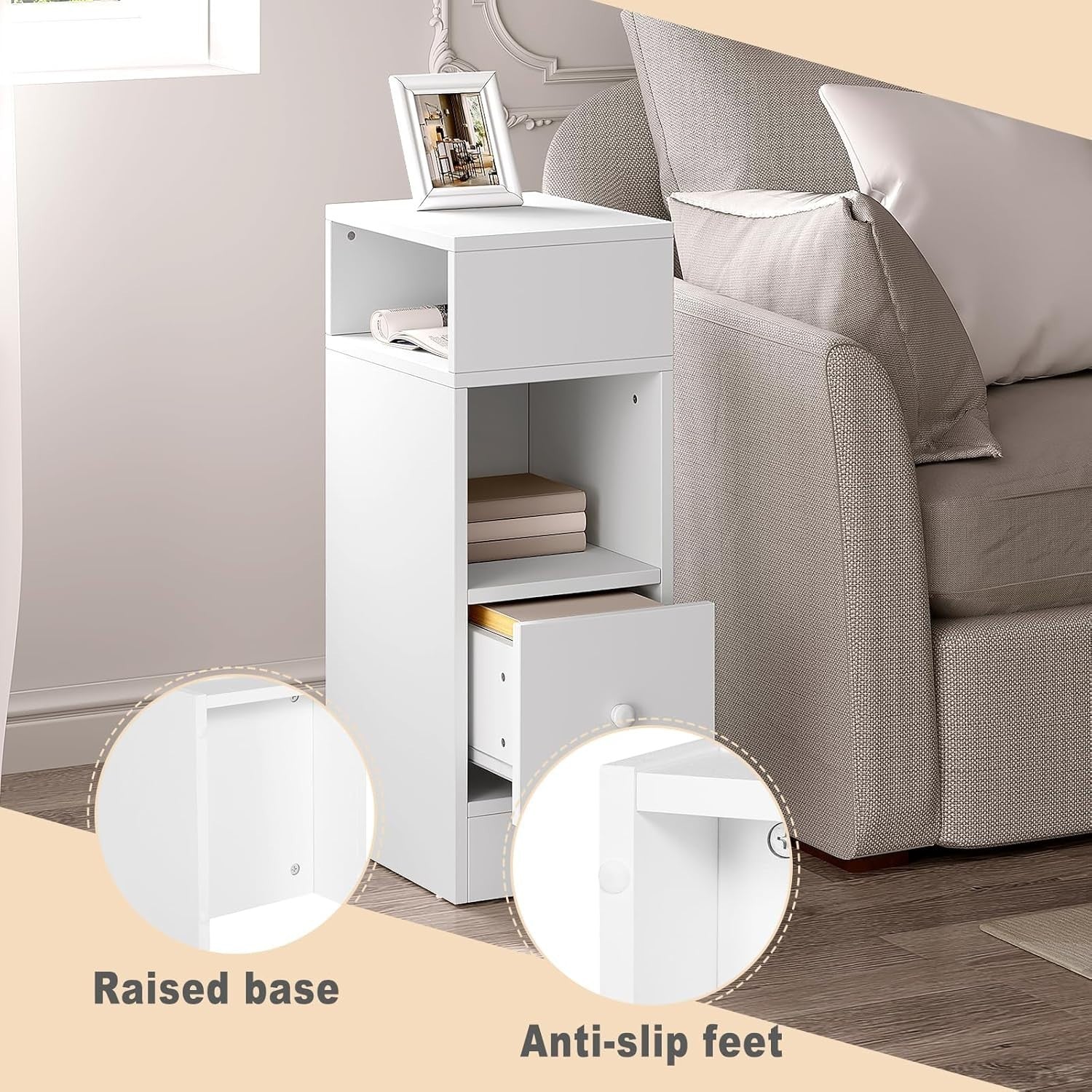 Set of 2 Slim White Bedside Tables with Drawer & Open Shelves 25x30x66cm