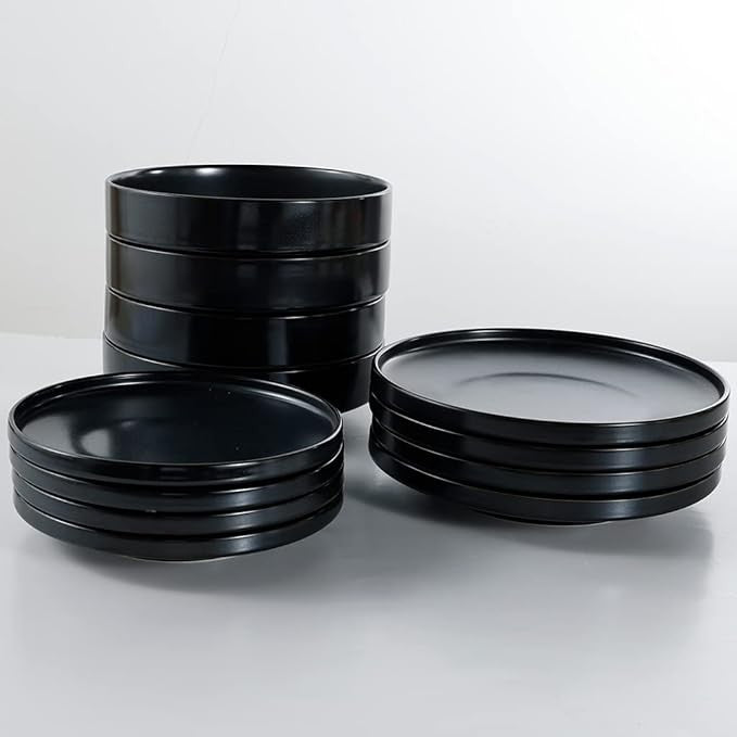 12pc Black Ceramic Dinner Plates Matte Glaze Microwave Dishwasher Safe