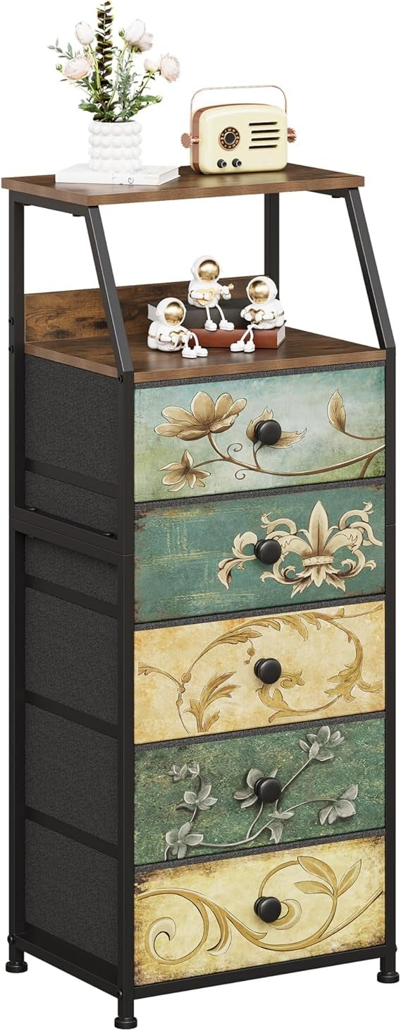 Rustic 5-Drawer Slim Chest Unit with Open Shelf, Space-Saving Bedroom Storage