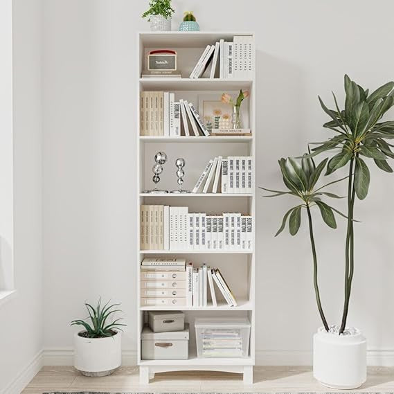 6 Tier Tall Wooden Bookcase Shelf Unit, Adjustable Storage Rack, White