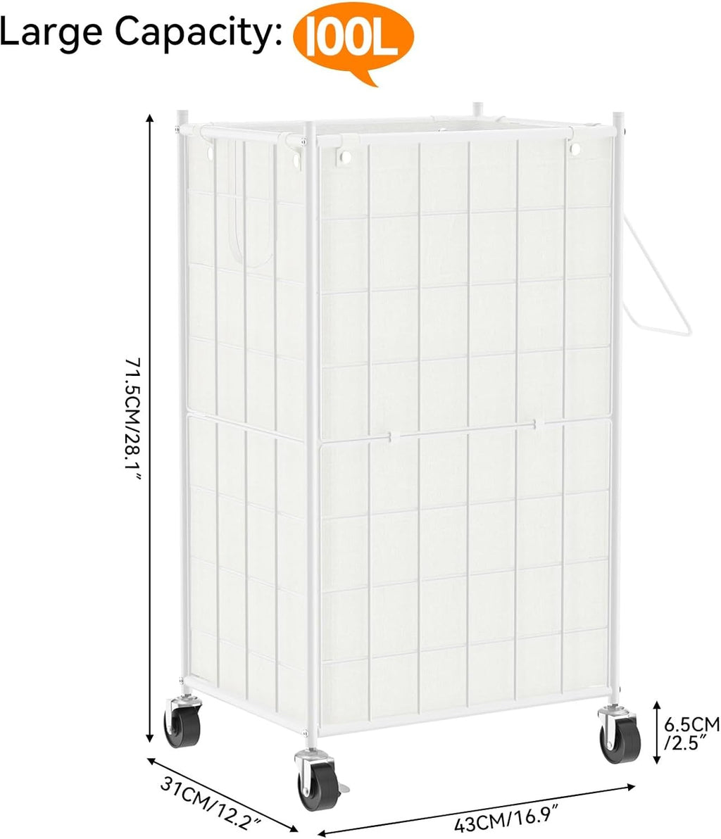 100L White Rolling Laundry Hamper Metal Frame with Wheels & Removable Bag