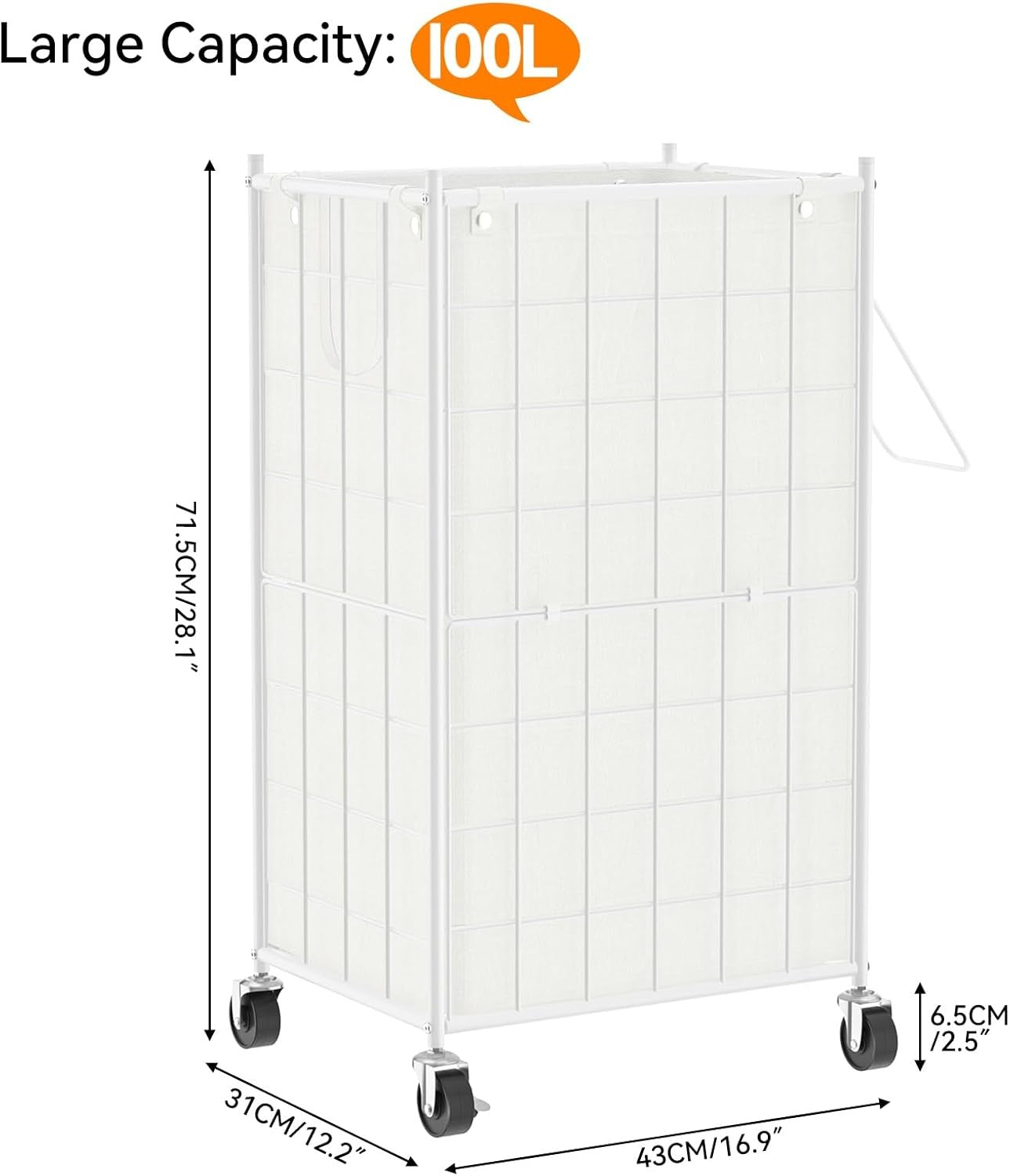 100L White Rolling Laundry Hamper Metal Frame with Wheels & Removable Bag