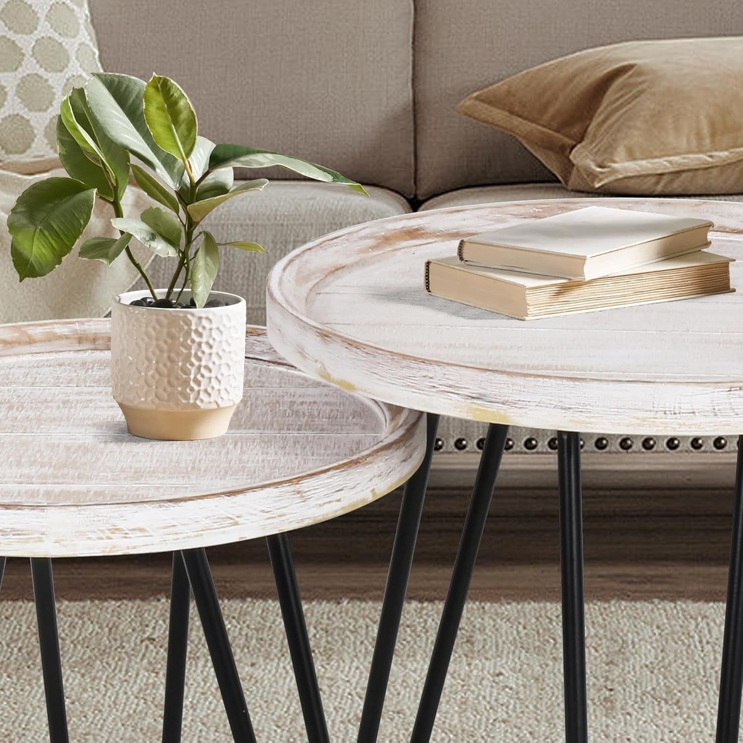 Distressed White Round Nesting Coffee Table Set Wood Metal Storage Living Room