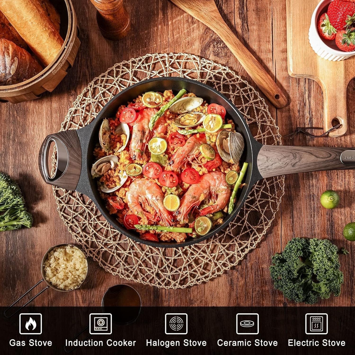 30cm Black Deep Non Stick Saute Pan with Lid, 4.7L Skillet Induction Compatible