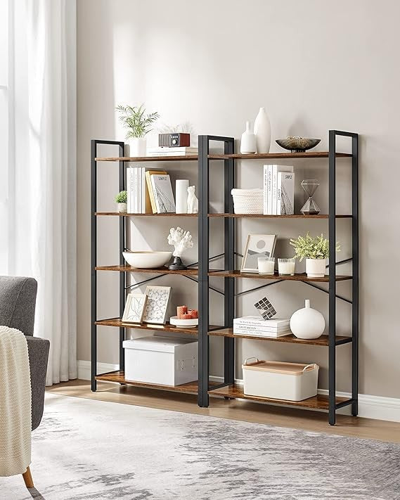 5-Tier Industrial Bookshelf Rustic Brown Metal Wood Storage Shelving Unit