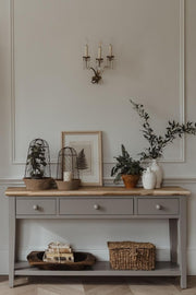 Grey Console Table with Storage Drawers & Shelf, Acacia Top, 143cm