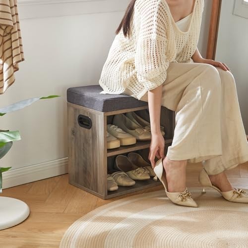 Small Shoe Storage Bench with Cushion & 2-Tier Rack for Entryway Seat