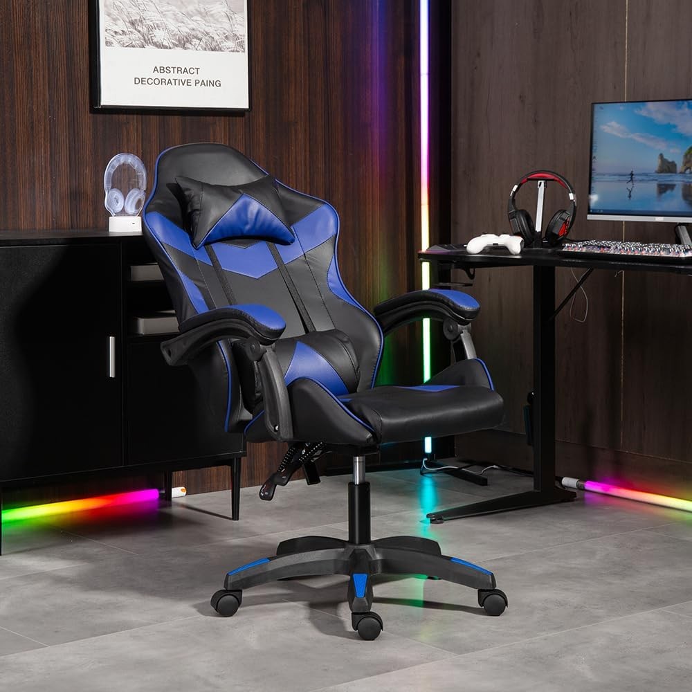 Heavy Duty Gaming Chair Blue PU Leather Reclining Swivel