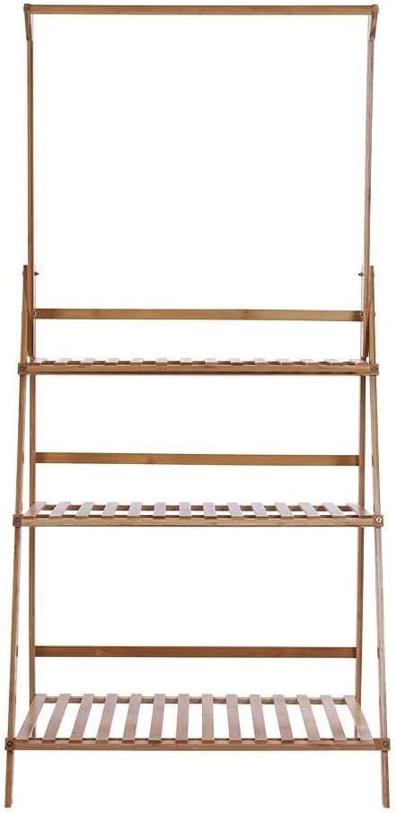 3 Tier Foldable Bamboo Plant Stand with Hanging Bar Indoor Outdoor Flower Shelf