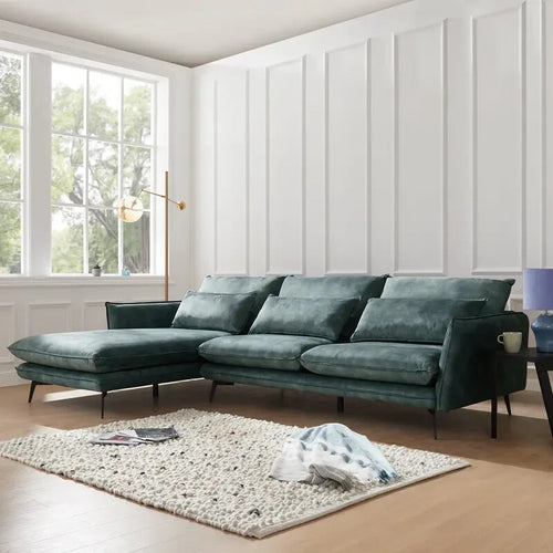Luxury Left Hand Corner Sofa Petrol Blue Velvet 3 Seater With Chaise