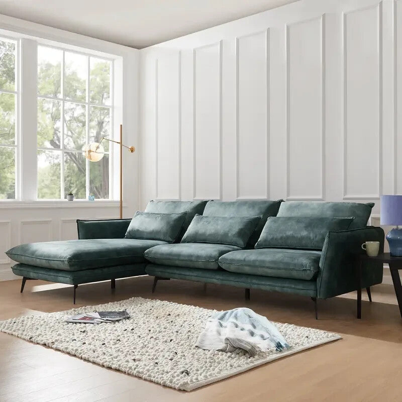 Luxury Left Hand Corner Sofa Petrol Blue Velvet 3 Seater With Chaise