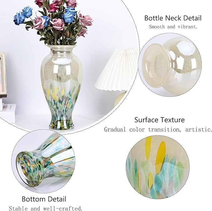 Hand Blown Glass Vase Tall 30cm Green Art Flower Vase Table Centerpiece