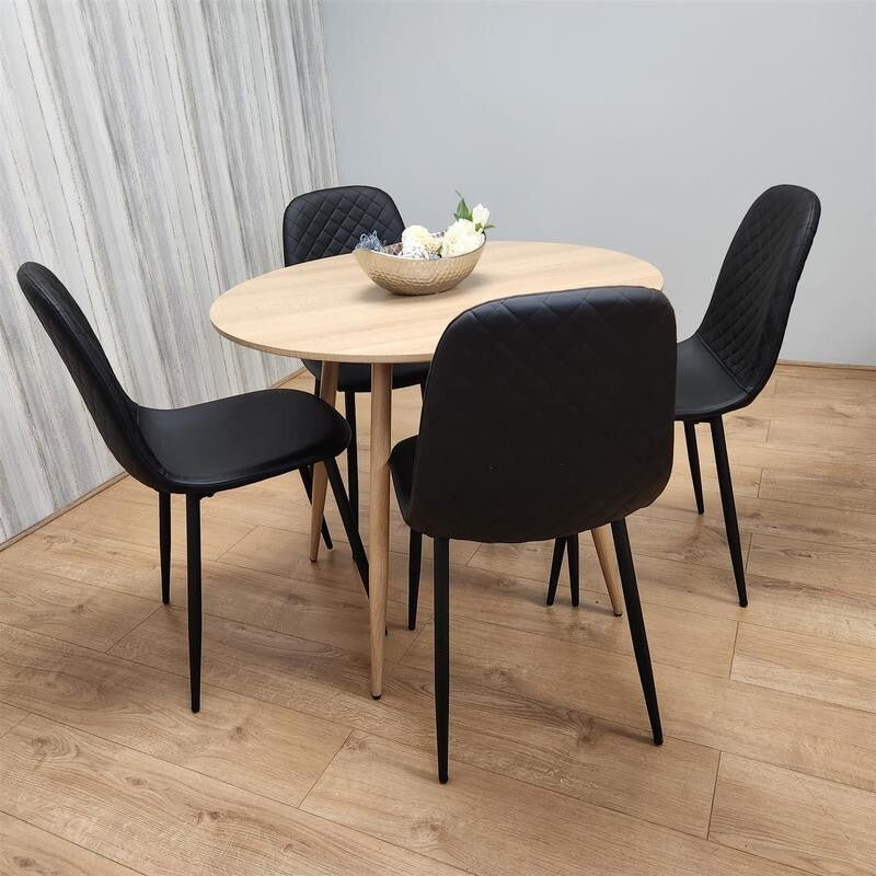 Round Oak Dining Table Set with 4 Quilted Chairs Kitchen Room Modern
