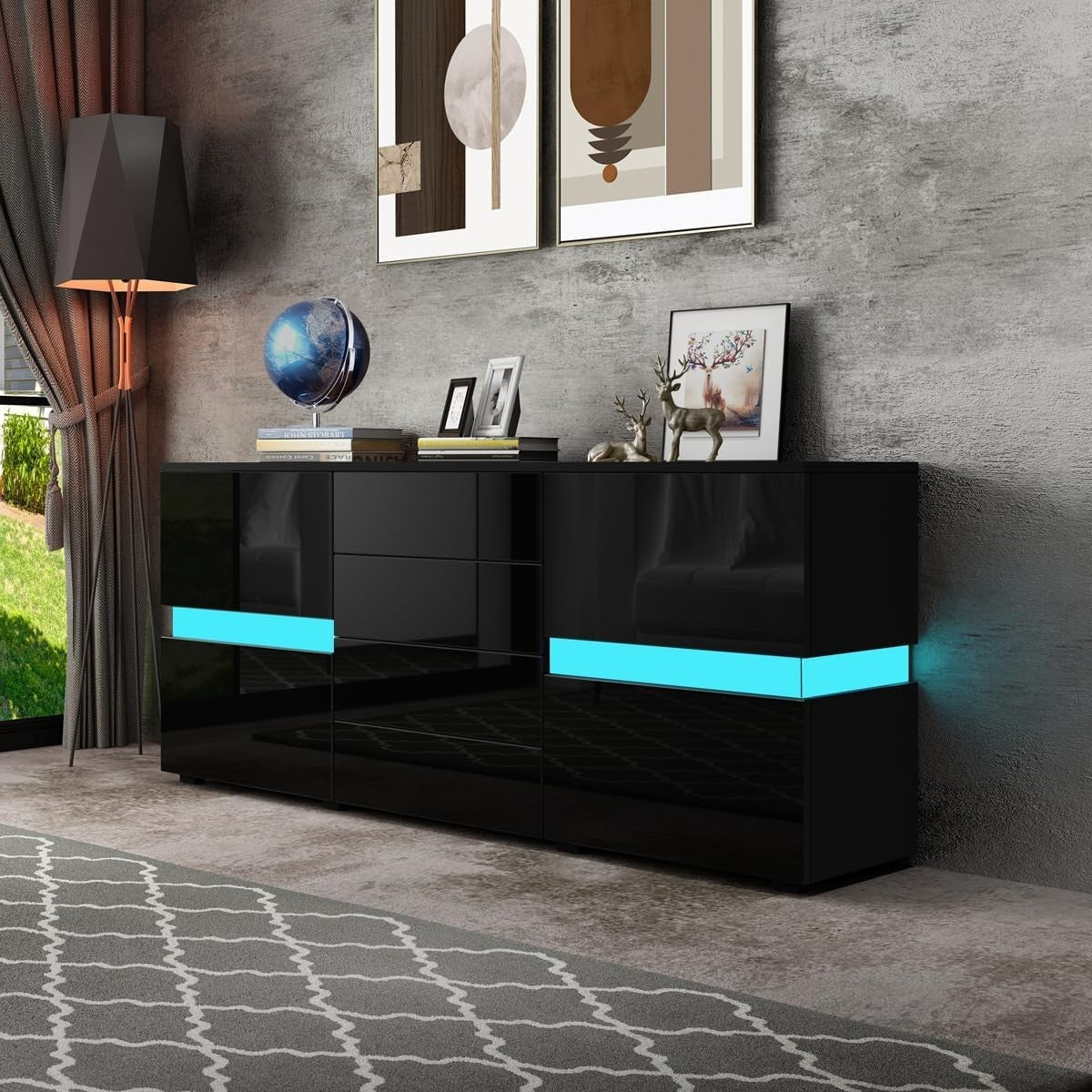 Black LED Sideboard Cabinet High Gloss 2 Door 4 Drawer Storage Unit