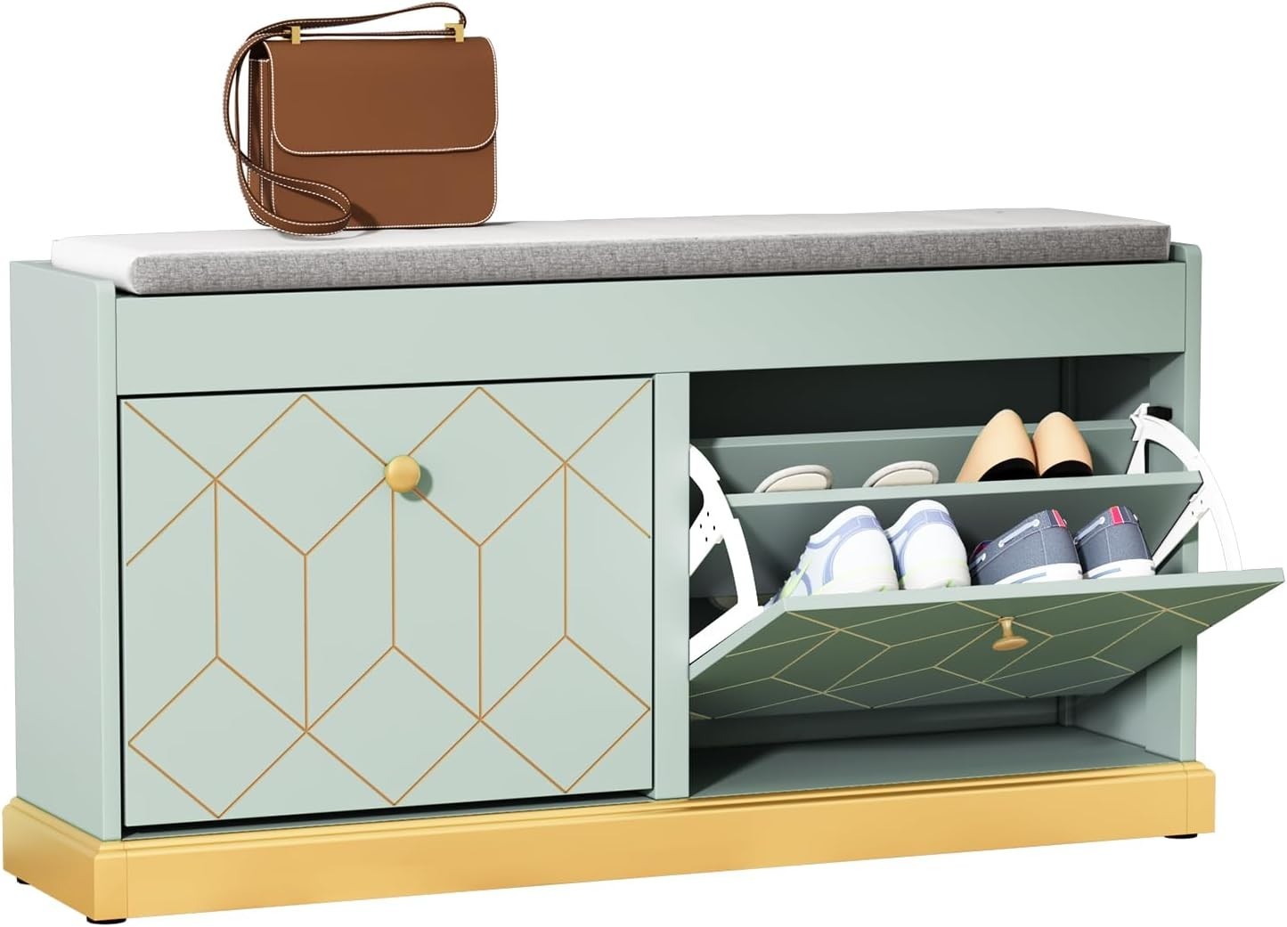 Green Shoe Bench with Cushion & Flip Drawer Hallway Storage 99.6x27.2x49.5cm