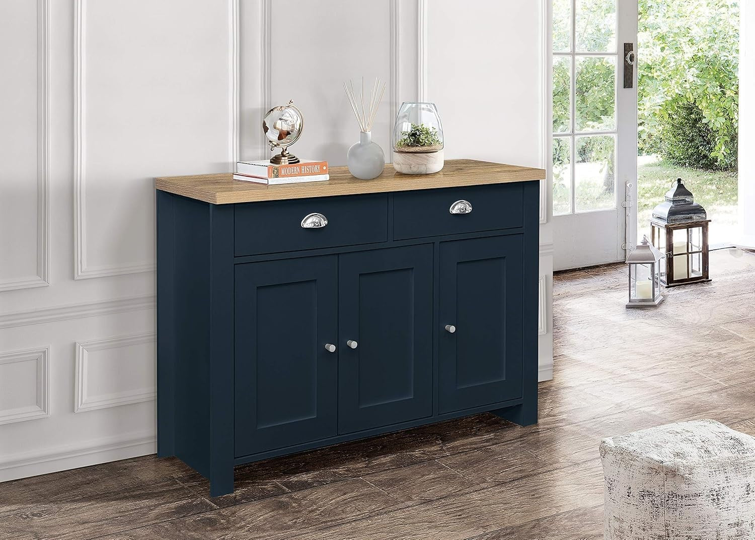 Navy Blue Sideboard Oak Top 3 Door 2 Drawer Storage Unit Farmhouse Style