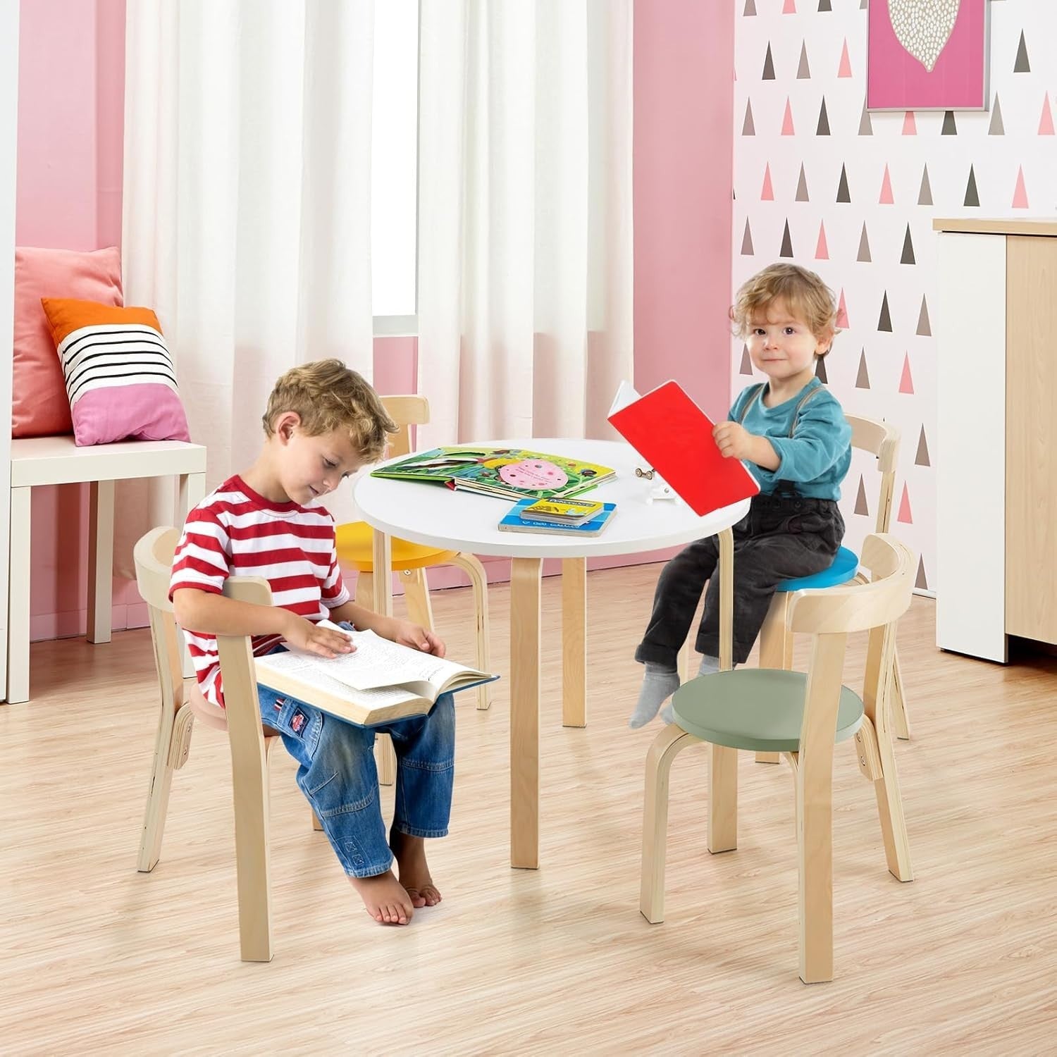 Kids Table and Chairs Set Solid Wood 5pc Multicolor Round Playroom Furniture