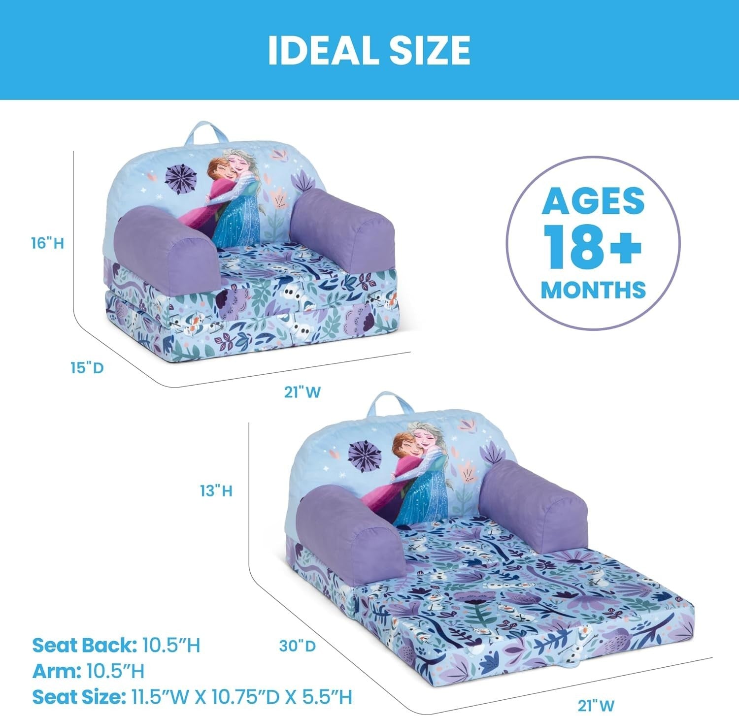 Kids Flip-Out Lounge Chair 2-in-1 Sleeper with Foam Comfort, Disney Frozen