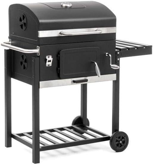 XL Charcoal BBQ Smoker Grill with Thermometer, Folding Side Table & Wheels