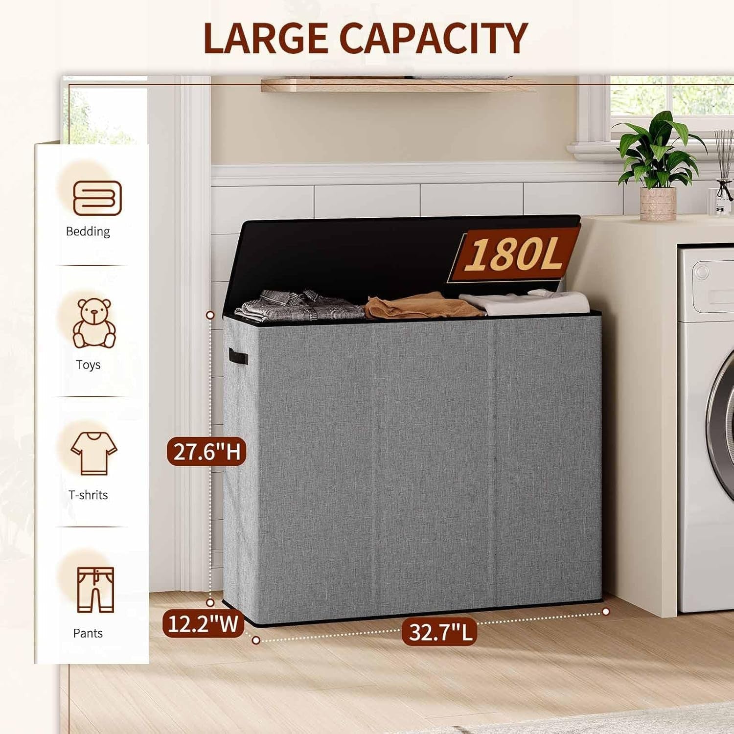 180L Large Laundry Hamper with Lid | 3-Section Sorter | Removable Bags, Grey