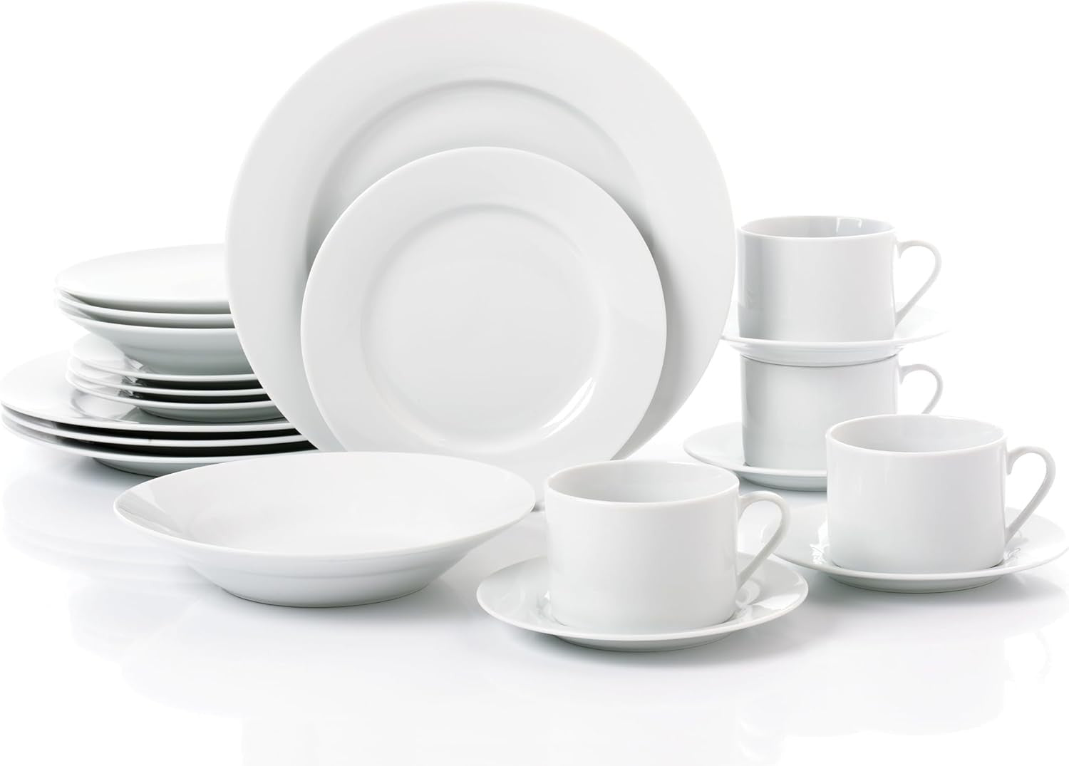 20 Piece White Rimmed Porcelain Dinner Set Plates Bowls Cups Service for 4