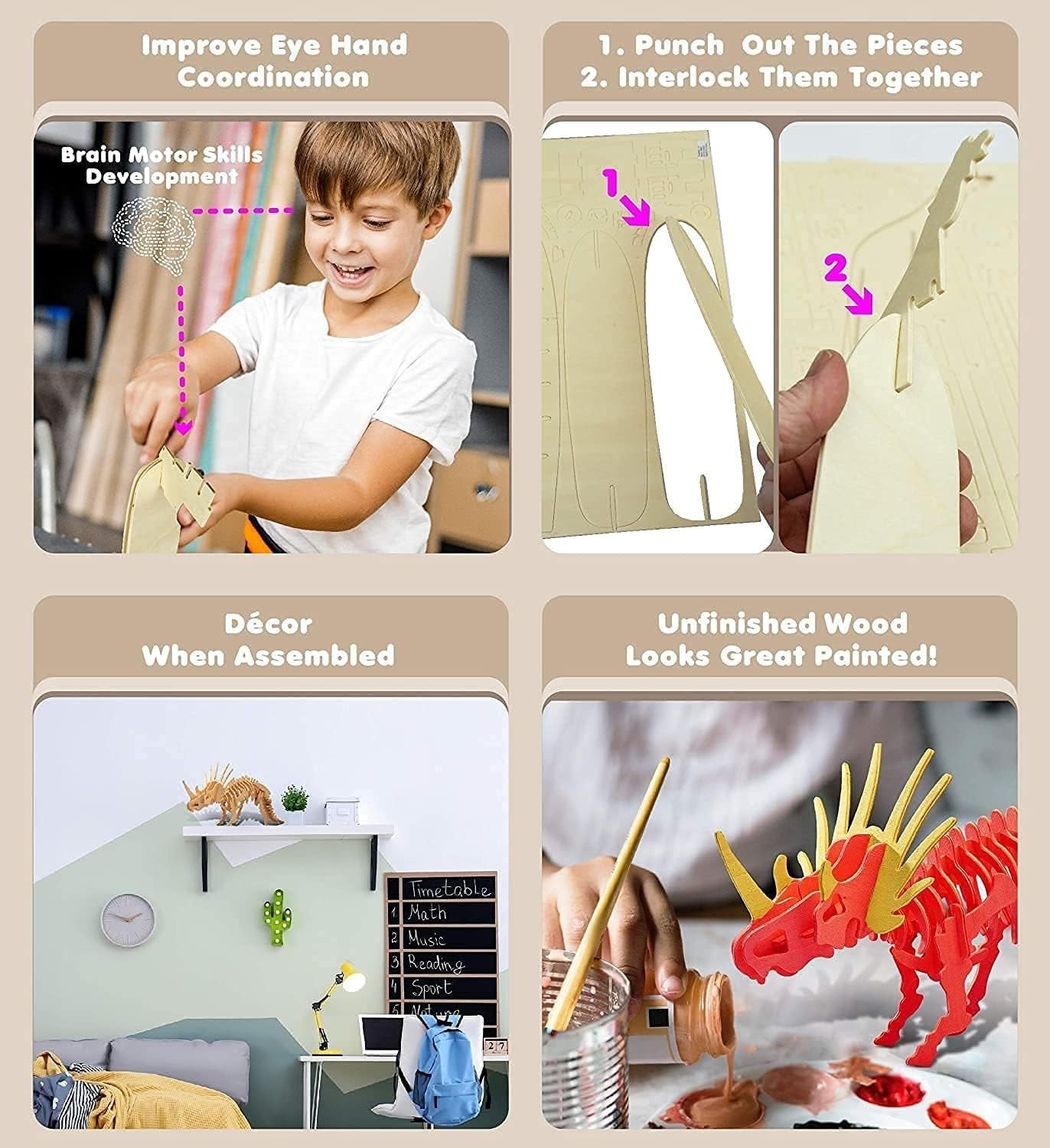 3D Dinosaur Puzzle Set – 4pc Wooden Dino Model Kit for Kids & Adults Gift