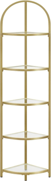 5-Tier Gold Corner Shelf Tower Modern Glass Display Unit for Living Spaces