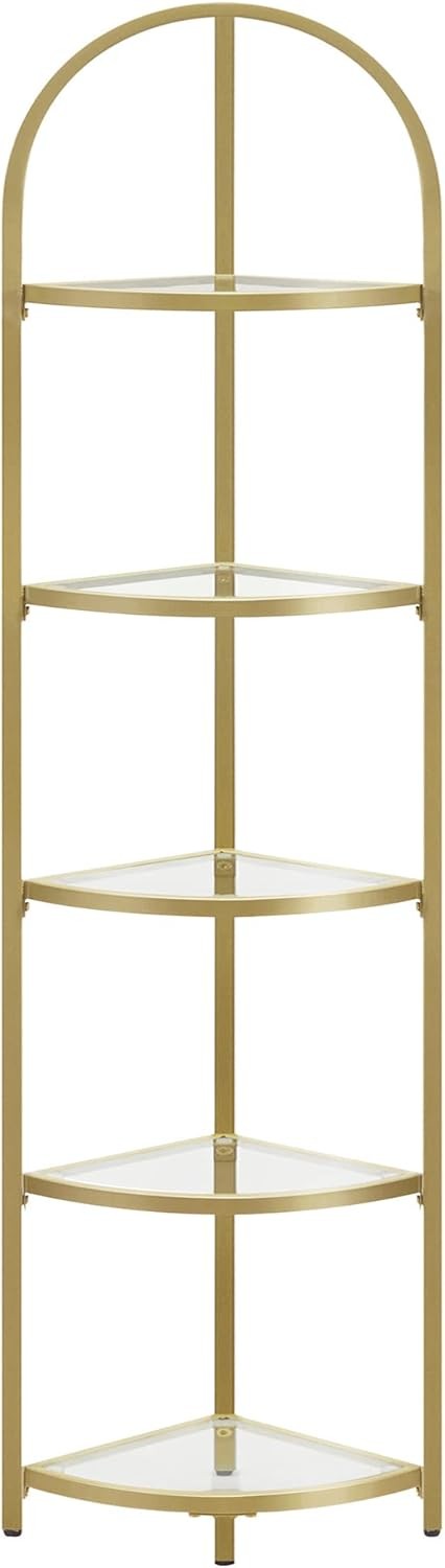 5-Tier Gold Corner Shelf Tower Modern Glass Display Unit for Living Spaces