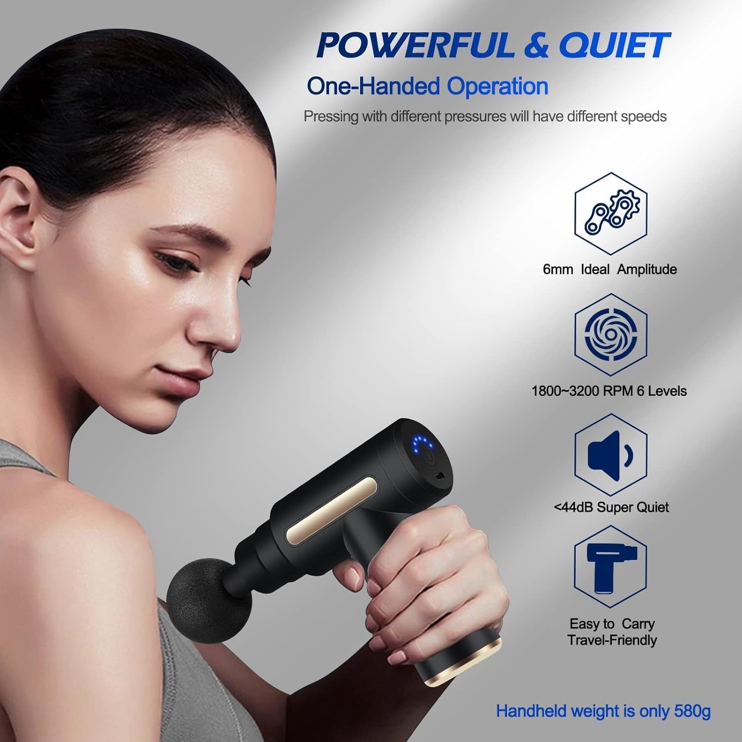 Mini Deep Tissue Massage Gun Portable Muscle Massager Quiet 6 Speeds 4 Heads