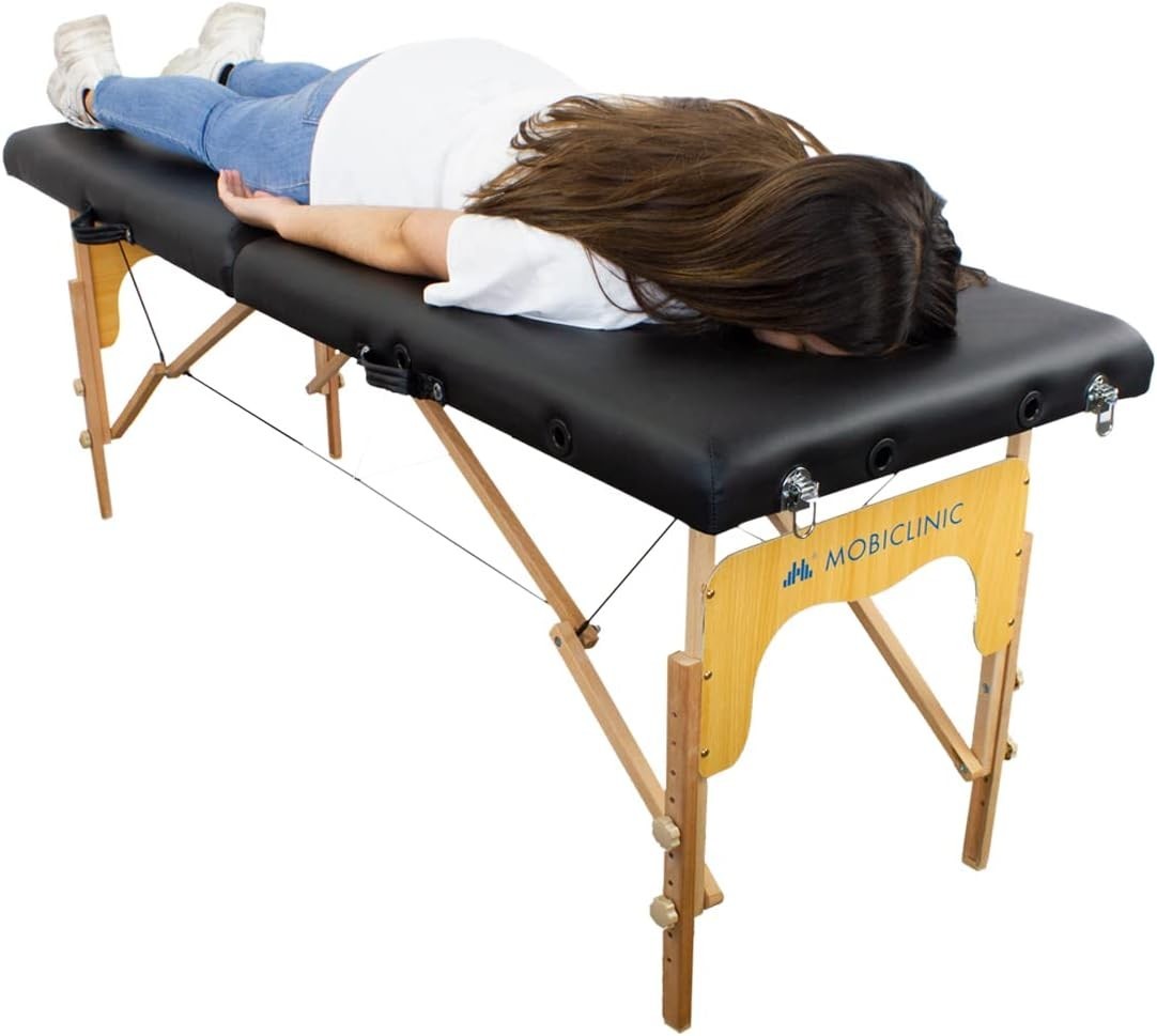 Portable Massage Table 2-Section Wooden Adjustable Therapy Bed w/ Headrest Black