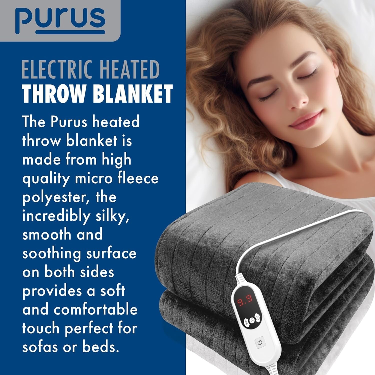 Electric Heated Throw Blanket XL 9 Heat Settings Timer Washable Grey