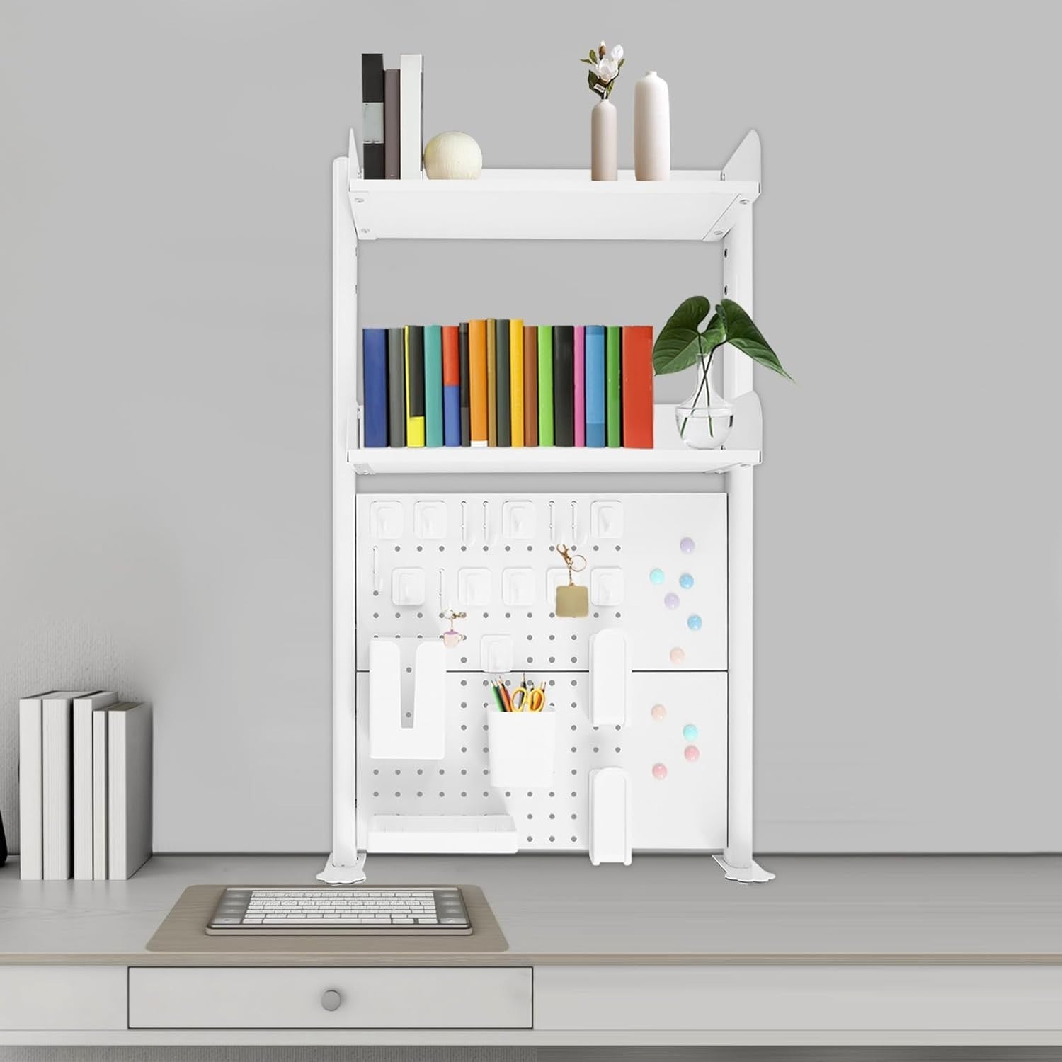 Clamp-On Desk Pegboard 60cm 2-Tier Desktop Organizer Shelf Privacy Panel White