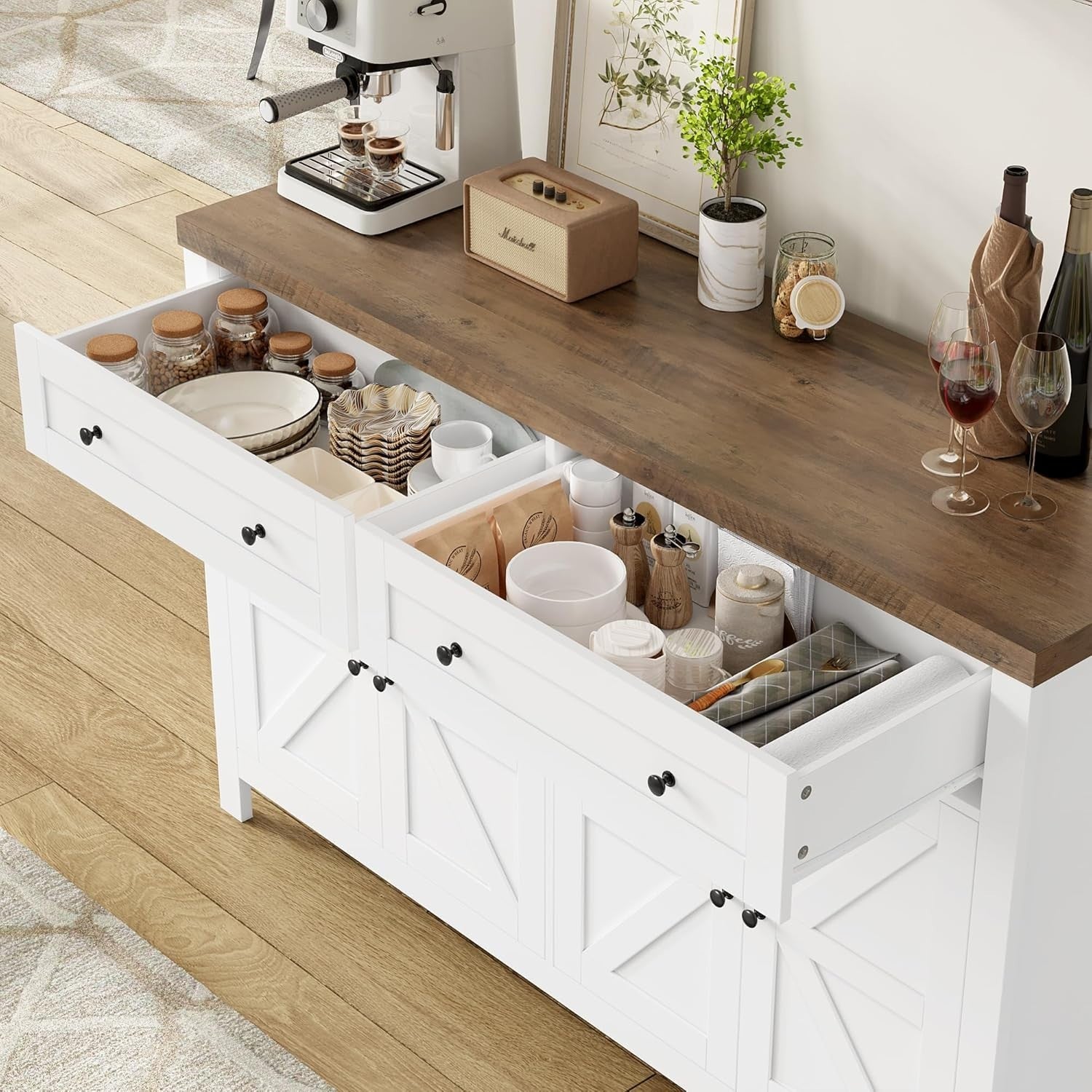 Modern White Sideboard with Adjustable Shelf 2 Drawers 4 Compartments
