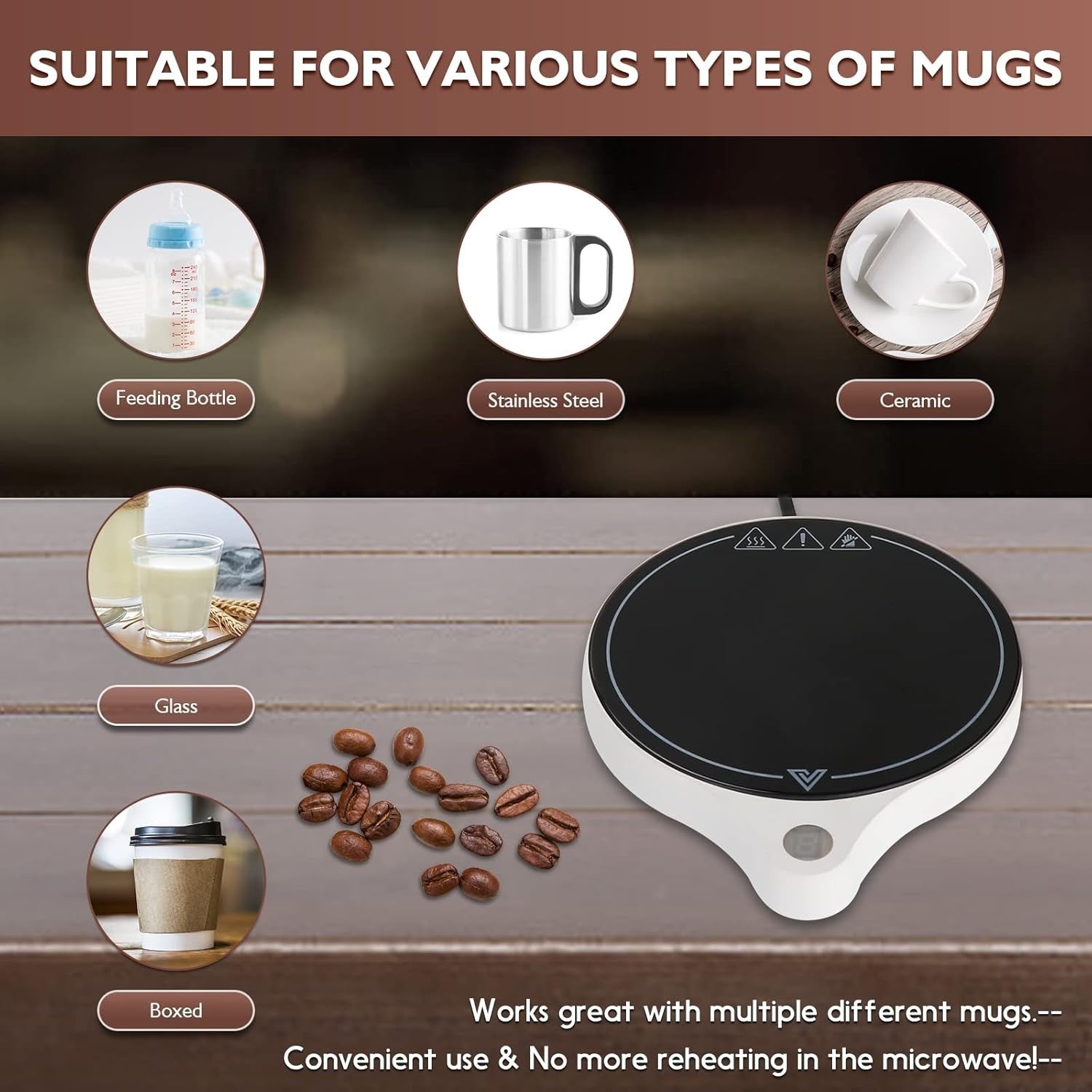 White 200W Coffee Mug Warmer 5 Temp Desk Cup Heater 8H Auto Off