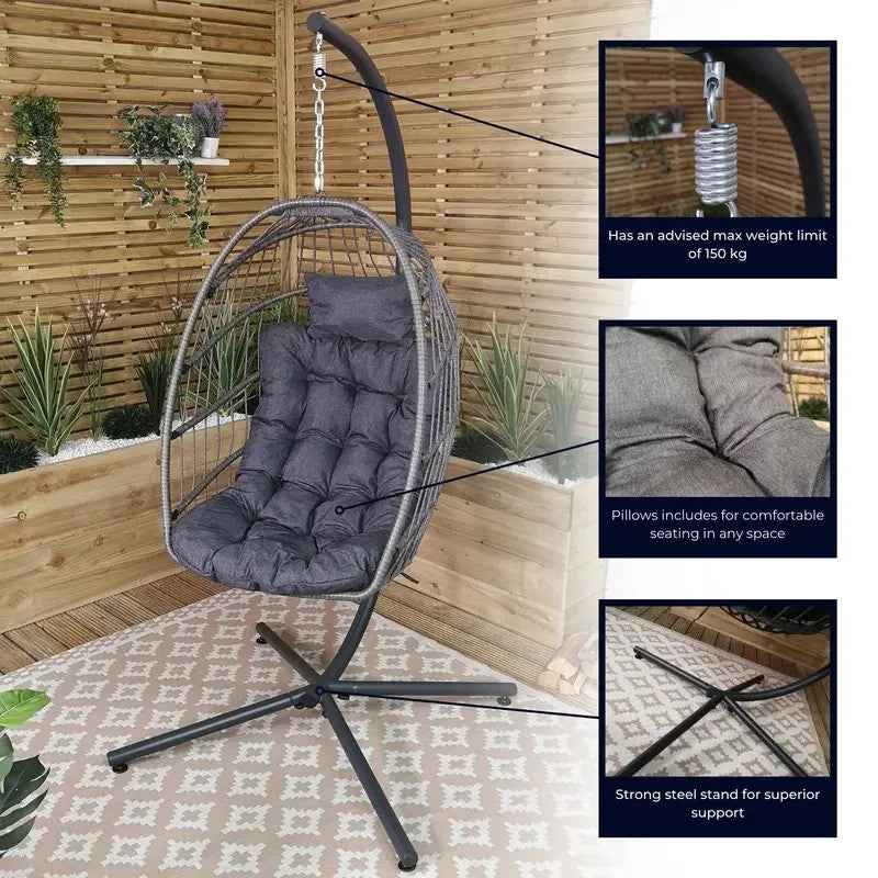 Grey Hanging Egg Chair With Stand & Cushion – Rattan Outdoor Swing Seat