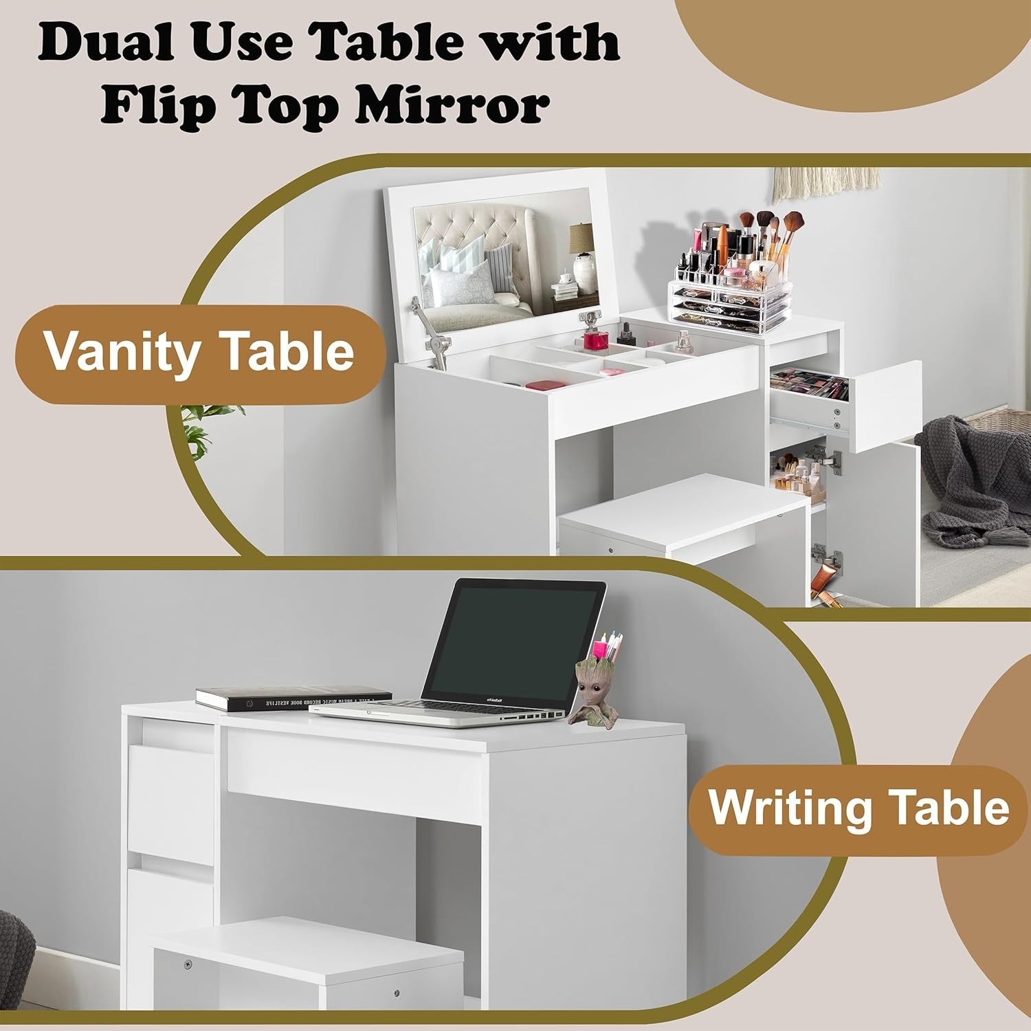White Dressing Table Vanity Set Flip Up Mirror Desk 1 Drawer Storage Stool