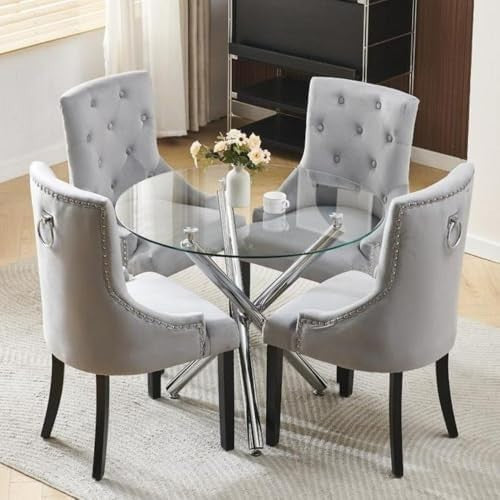 Round Glass Dining Table Set 4 Seater Compact Kitchen Dining Room Chrome Frame