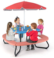 Kids Picnic Table Set with 8 Seats, Adjustable Umbrella, Outdoor Garden Play Tab