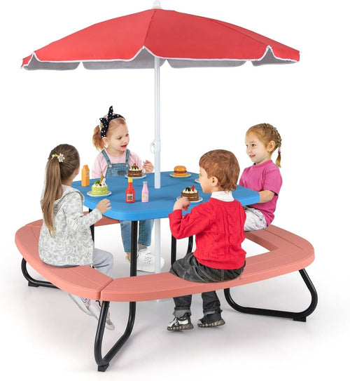 Kids Picnic Table Set with 8 Seats, Adjustable Umbrella, Outdoor Garden Play Tab