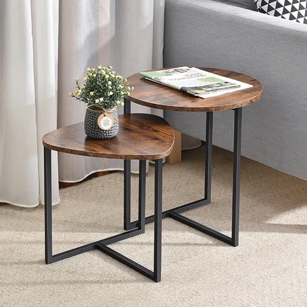 Nest of 2 Round Triangle Coffee Tables Set, Small Space Side End Table Stackable