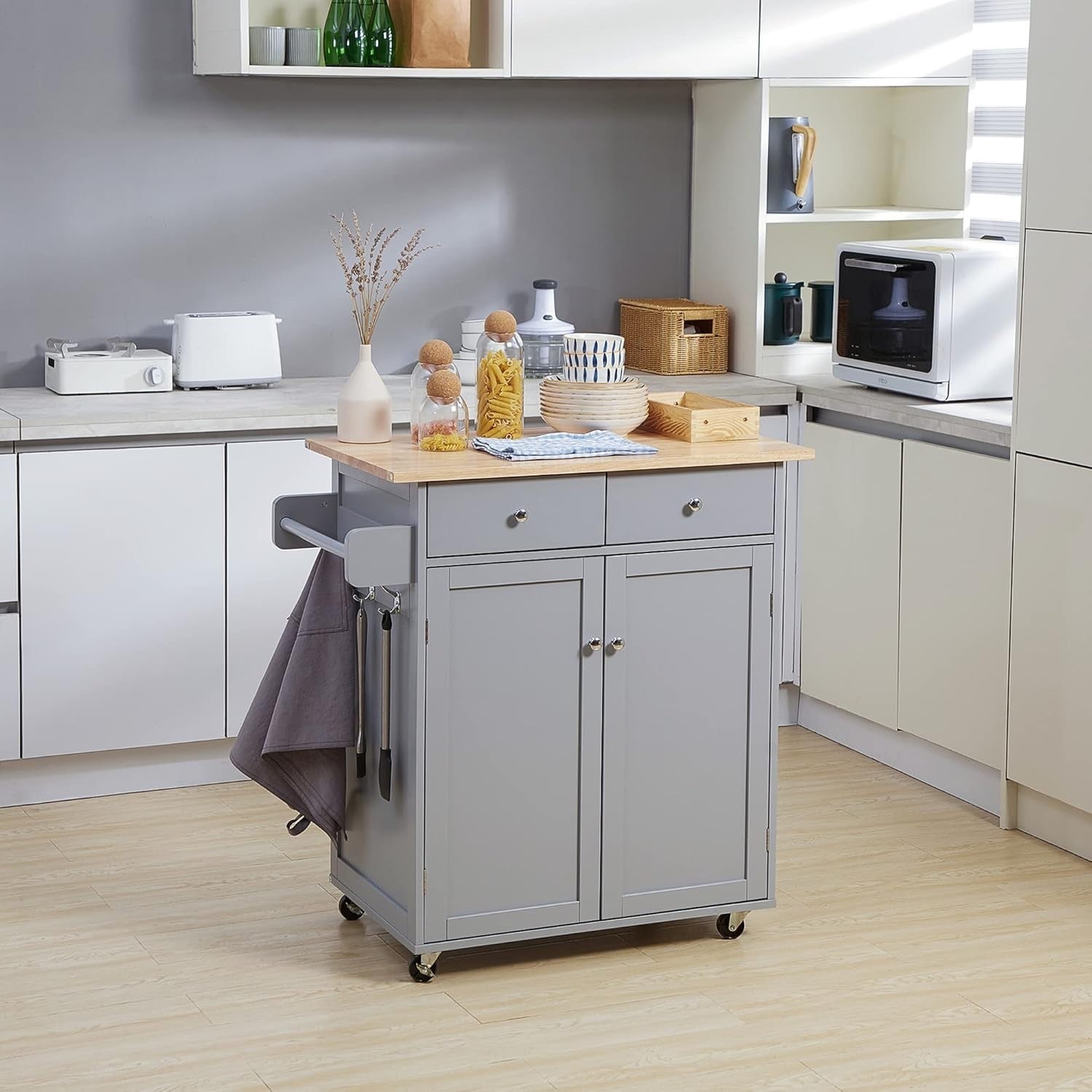 Rolling Kitchen Island Cart with Drawers, Rubber Wood Top & Hooks, 48x87x90cm