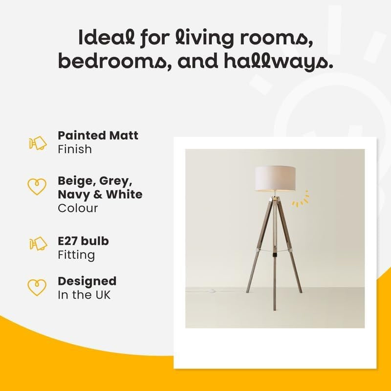 Wood Tripod Floor Lamp Beige Drum Shade Chrome Legs Modern Standing Light