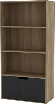 Modern Oak 4-Tier Wide Bookcase with Storage Cupboard – Wood & Black Unit