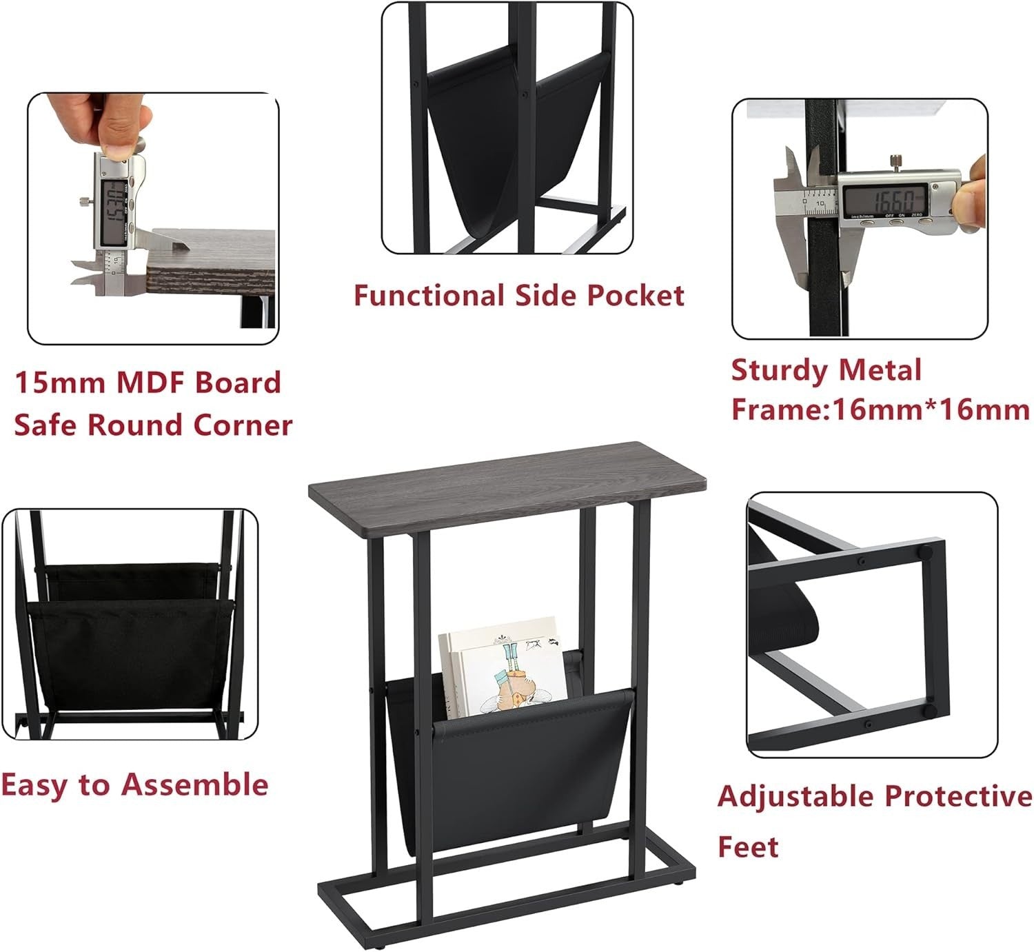 Slim Grey Side Table with Storage Bag – Narrow End Table for Sofa/Bed