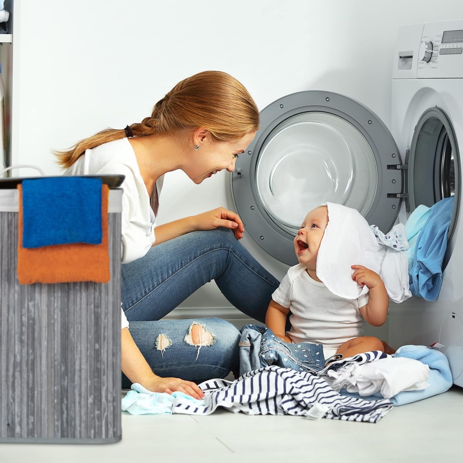 100L Bamboo Laundry Hamper with Lid 2 Compartment Foldable Basket Grey