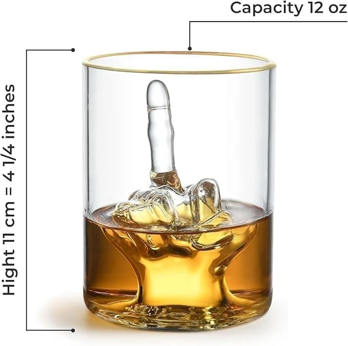 Funny Whiskey Glass 12oz Middle Finger Design Gold Rim Novelty Gift