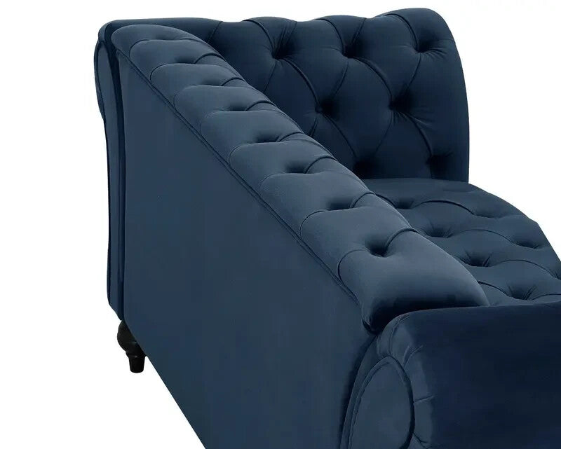 3 Seater Chesterfield Sofa Midnight Blue | Velvet Scroll Arm Nail Trim